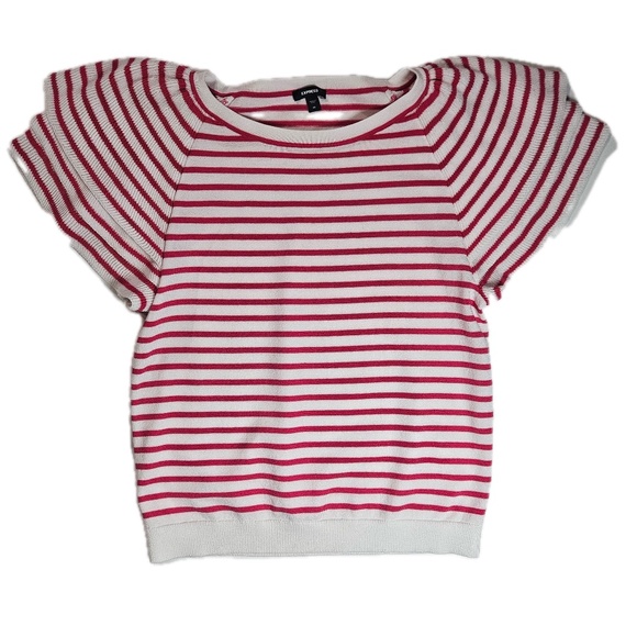 Express Sweater Womens XS White Pink Striped Short Sleeve Dolman Banded Hem Knit - Picture 1 of 7